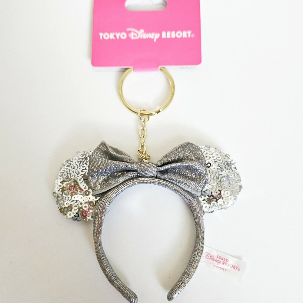 *Tokyo Japan Disney Resort* Sequined Minnie Headband Ears Keychain- SILVER- NEW!